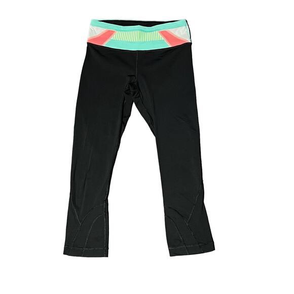 Lululemon Black Yoga Leggings with Turquoise/Coral Striped Waistband - Size 4 - Picture 7 of 16